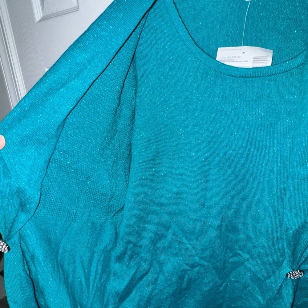 Sag Harbor Women's L Aquamar Teal Metallic Cardigan Top Rhinestone Accent NWT - Picture 9 of 16